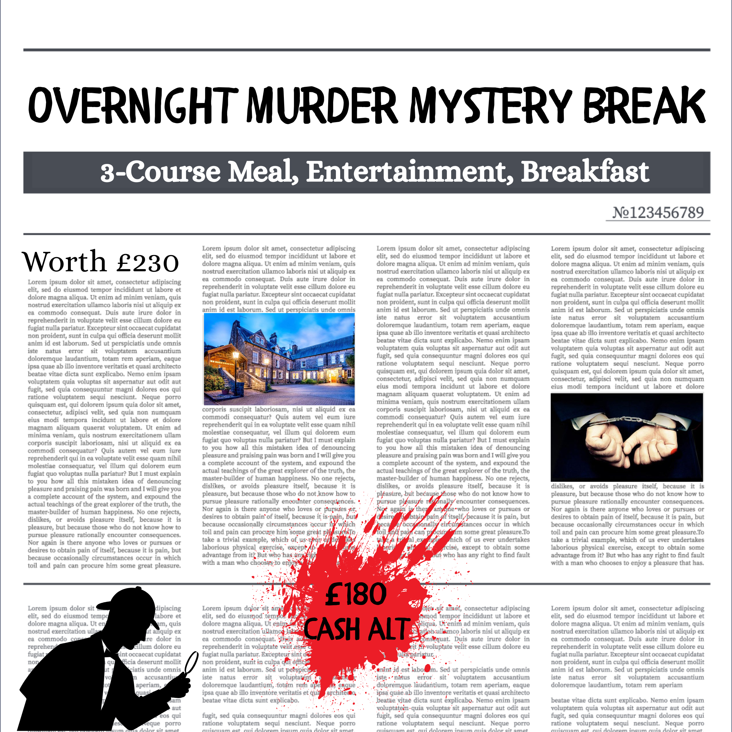 OVERNIGHT MURDER MYSTERY BREAK WITH DINNER FOR TWO!