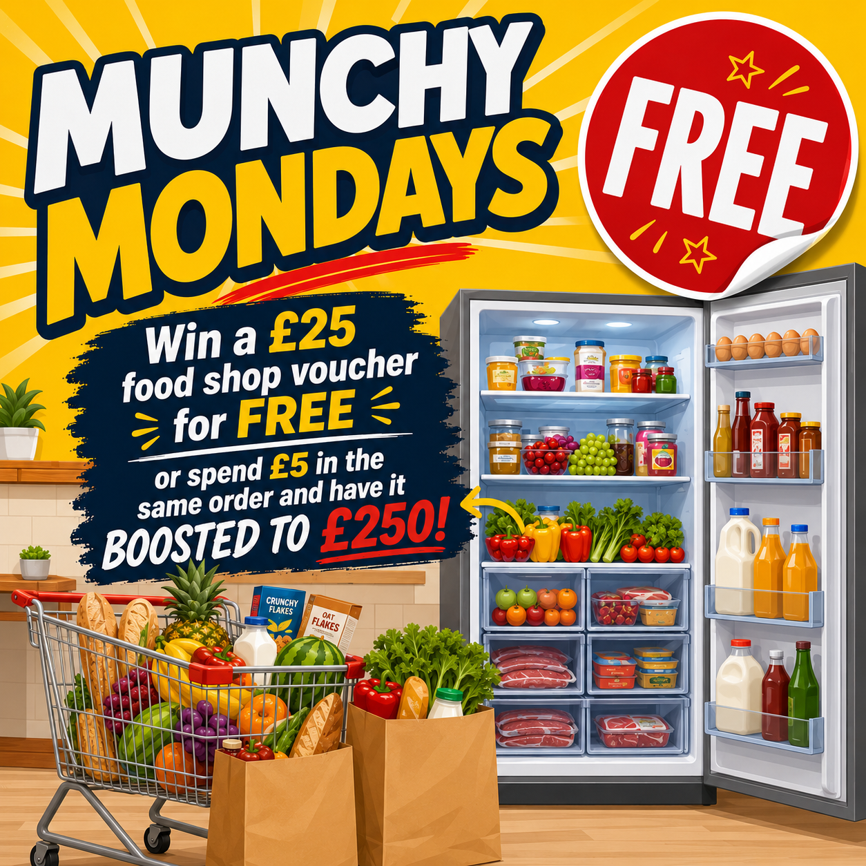 MUNCHY MONDAYS! 2 X FREE £25 SHOPPING VOUCHERS OR £250 IF YOU SPEND £5!